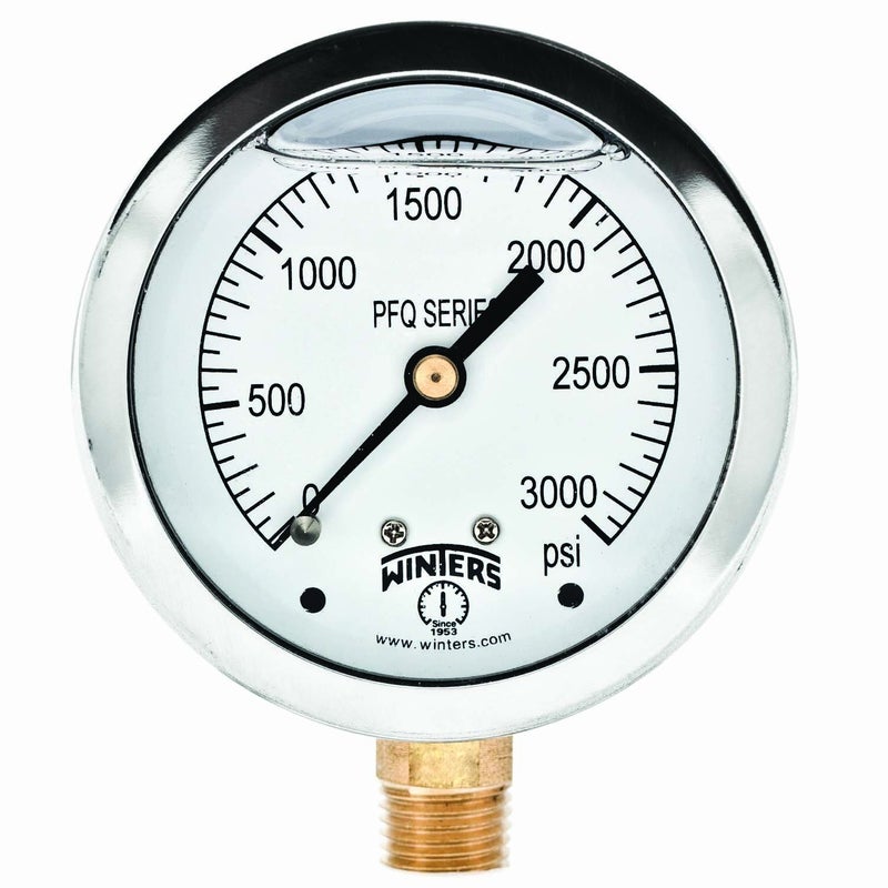 Winters 2-1/2" Dial Size, Liquid Filled Industrial Pressure Gauge, Brass Internals, 304 Stainless Steel Case, Single Scale 0-3,000 psi, 1.5% Acc, 1/4" NPT Bottom Mount, Glycerin Filled Pressure Gauge
